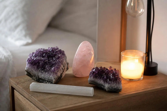 Cristaux énergétiques pour dormir : améthyste, lépidolite et quartz rose